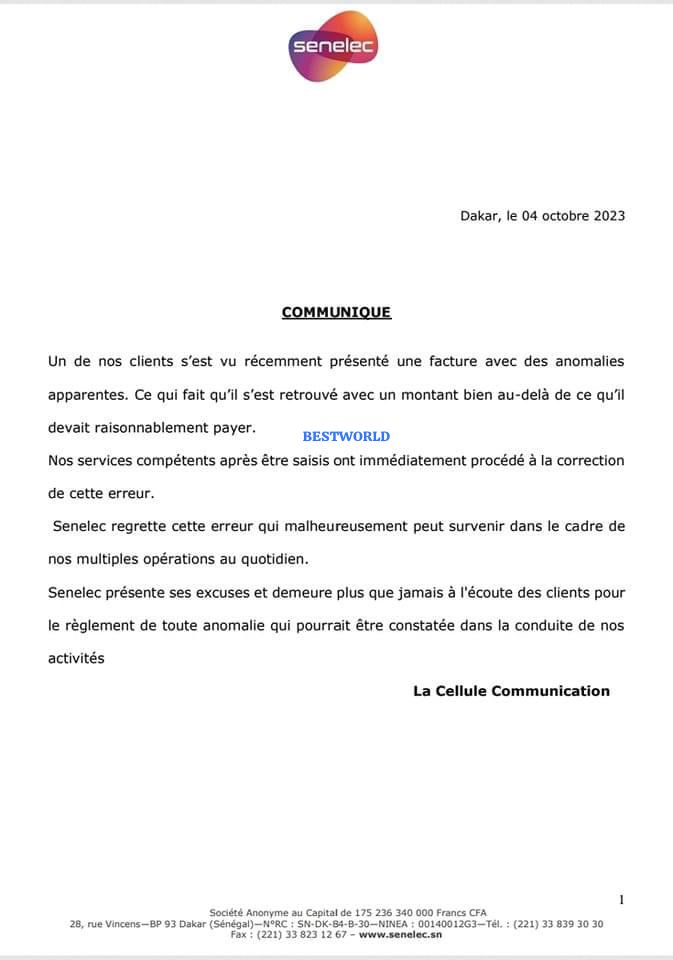 Junior21246257's tweet image. 🚨Communiqué de la #Senelec