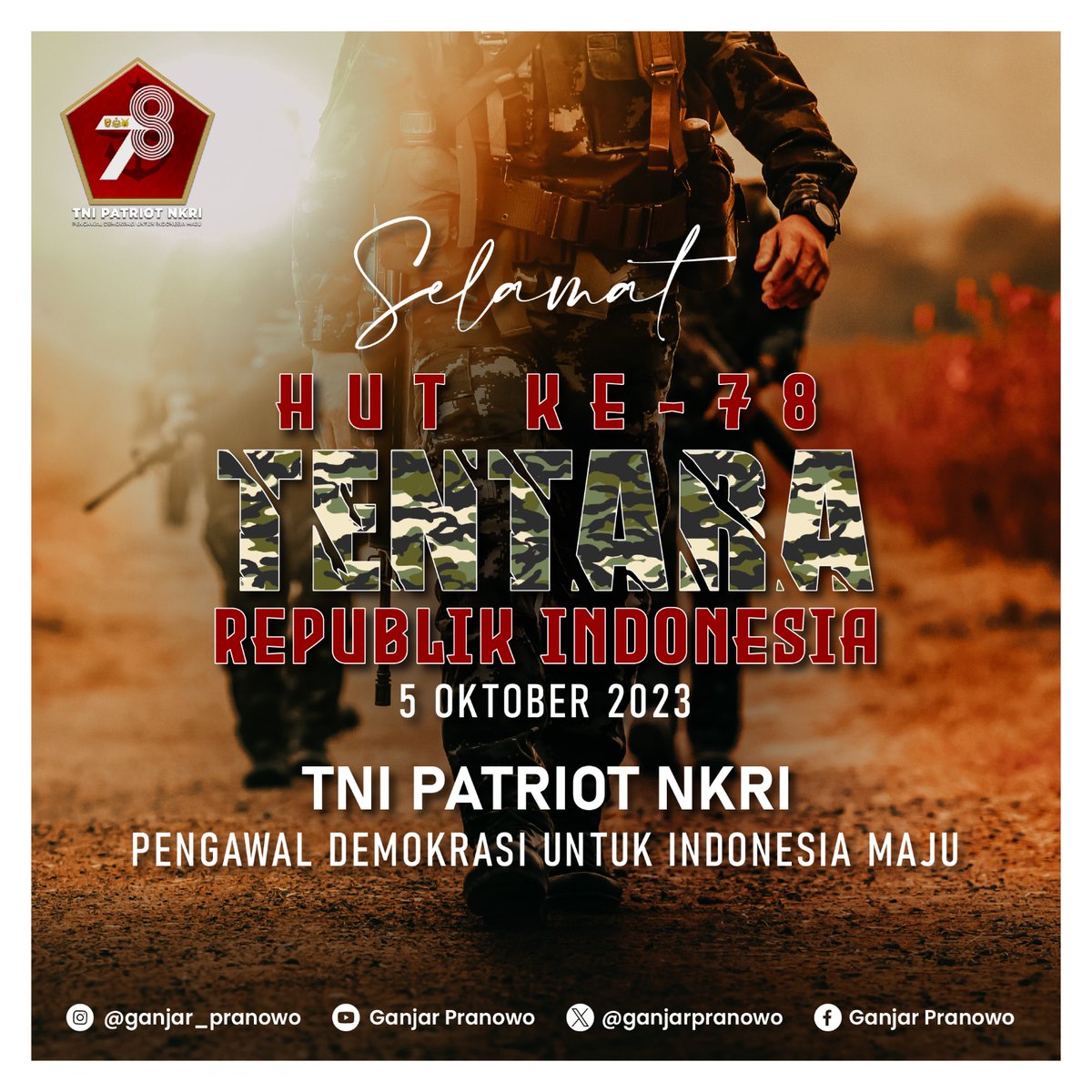 Selamat HUT ke 78 Tentara Republik Indonesia. Tetaplah jadi patriot NKRI yang akan terus mengawal demokrasi. 🇮🇩