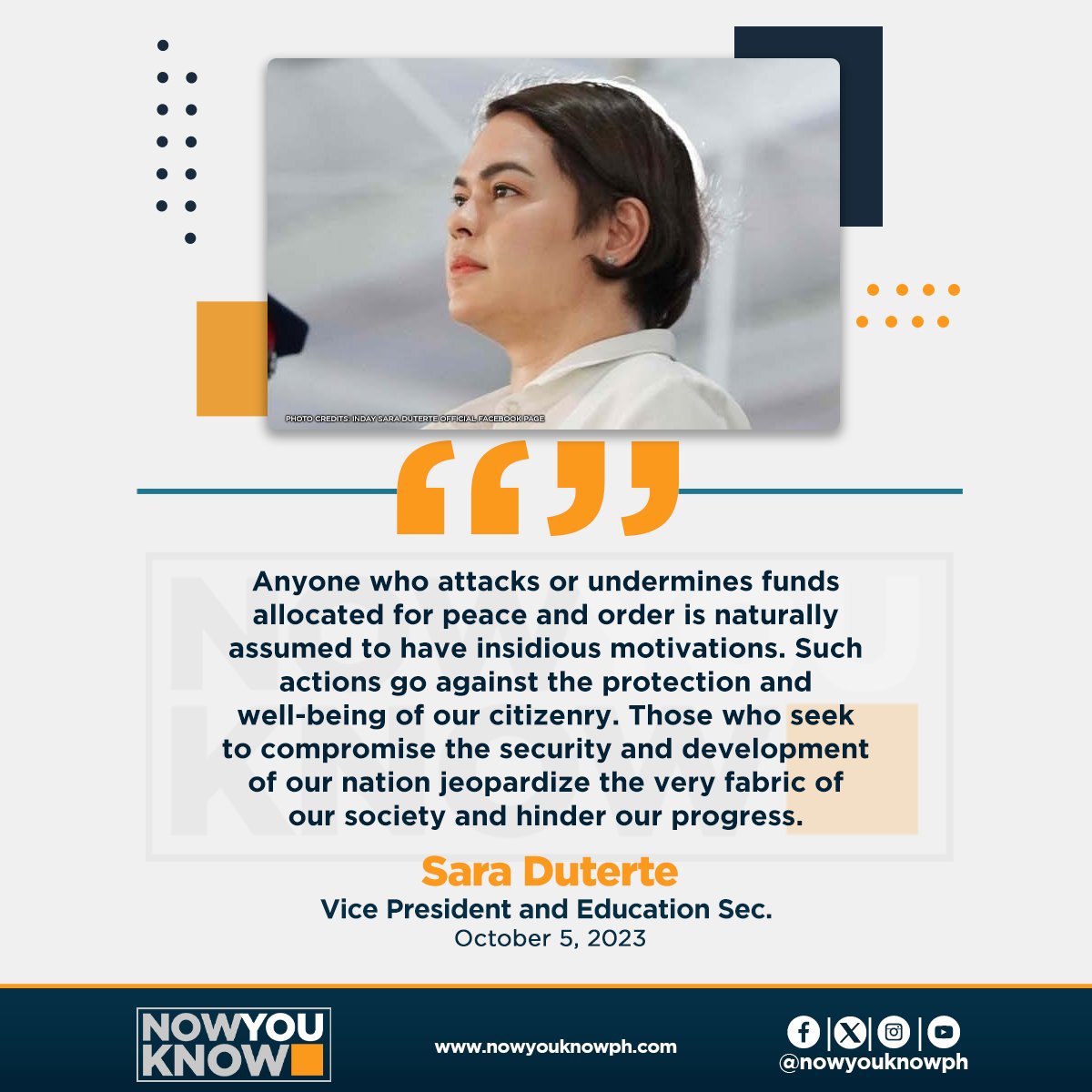 nowyouknowph's tweet photo. Vice President Sara Duterte once again defended her proposed confidential funds’ use for security, this time saying that anyone who attacks the funds has “insidious motivations.”
READ: https://t.co/Q3ylY24N9n
📰https://t.co/SE3wS2laPL https://t.co/3SdqFgdmUu
