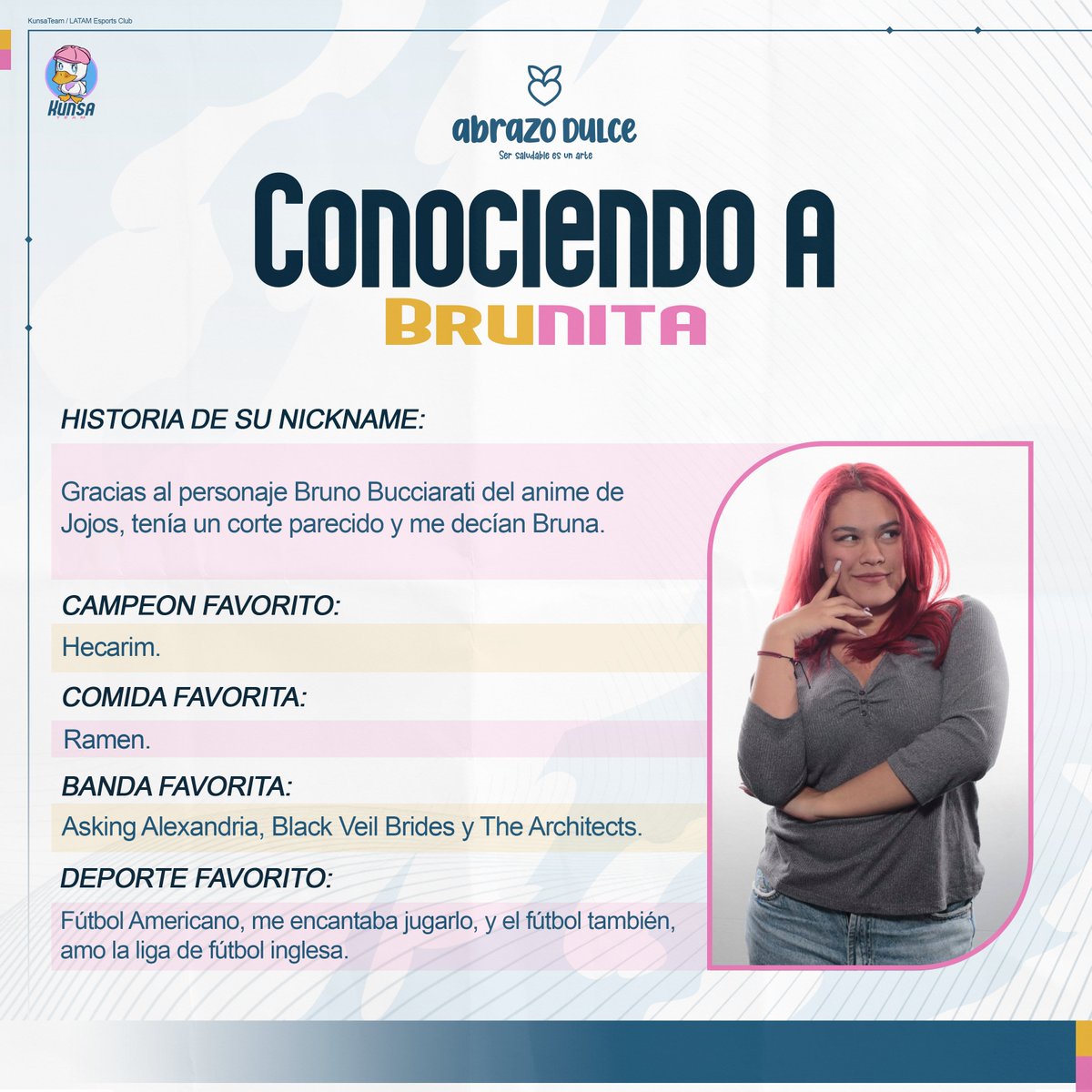 KunsaTeam's tweet photo. 🥁 DUCKIES 🥁

Ha vuelto nuestra sección para acercar más a la comunidad Duckie. 🦆

Conociendo a: @soy_brunita_ 🎙️

Nuestra guerrera encargada en transmitir la pasión de nuestro deporte a todos ustedes. 🤩

#KSAWIN #LeagueOfLegends https://t.co/nXSkwrcCDI