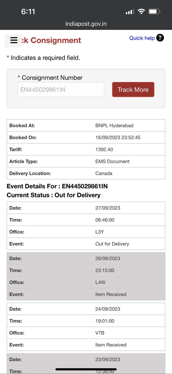 dChandrima's tweet photo. @IndiaPostOffice No update received so far . This is a critical education document related to university admission . This was sent 16th Sep and last update is 27th Sep with remarks - Out for Delivery. This is too much of delay and I demand an immediate attention on this matter. https://t.co/hkYkNTWkOw