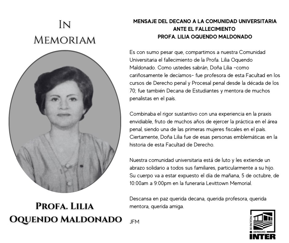 Doña Lilia fue mi profesora, mi mentora, mi amiga. Una gran abogada… una honesta servidora pública, ejemplo para todos. Que descanse en paz…