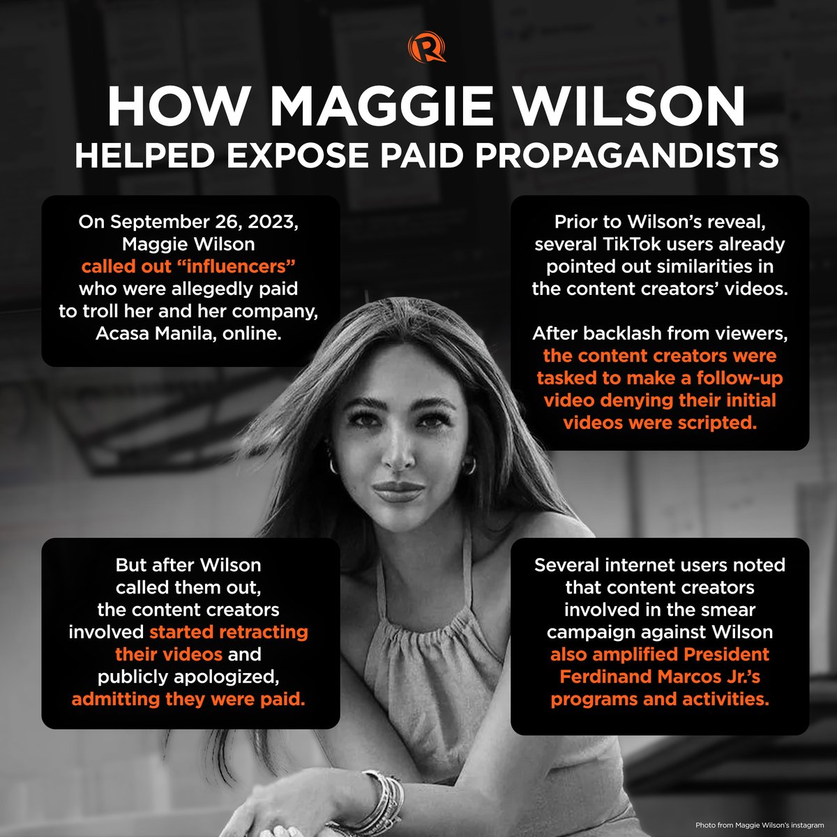 rapplerdotcom's tweet photo. Paid online attacks and propaganda have been part of the influencer ecosystem since the advent of social media.

An unlikely source that’s helped bring to light these acts is model and now entrepreneur Maggie Wilson.

Here’s how: https://t.co/IQREmJs9Do https://t.co/heY8Xd9A3t