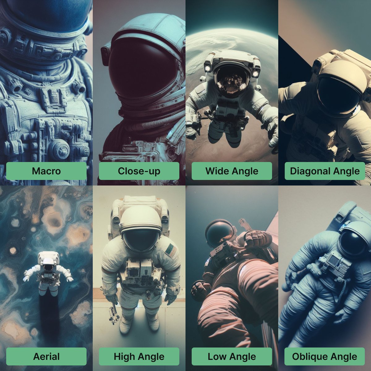 CAMERA ANGLES IN DALL·E 3

I repeated the same experiment for DALL·E 3 that I did with Midjourney.

When I need a specific composition, I often use the following tokens:  
- Macro 
- Close-up 
- Wide Angle 
- Diagonal Angle 
- Aerial 
- High Angle 
- Low Angle 
- Oblique Angle