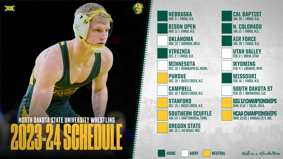 NDSU Wrestling (@ndsuwrestling) on Twitter photo ๐๐๐ซ๐ค ๐ญ๐ก๐ ๐๐๐ฅ๐๐ง๐๐๐ซ๐ฌ! ๐๐ก๐ ๐๐-๐๐ ๐ฌ๐๐ก๐๐๐ฎ๐ฅ๐ ๐ข๐ฌ ๐ก๐๐ซ๐!
15 duals, 6 home, plus Bison Open
-NDSU hosts Nebraska, Virginia and Missouri
-Trips to Minnesota and Oklahoma
-Neutral duals vs. Stanford, Purdue and Oregon State
๐ฐ: bit.ly/3th9X3n ๐๐๐ซ๐ค ๐ญ๐ก๐ ๐๐๐ฅ๐๐ง๐๐๐ซ๐ฌ! ๐๐ก๐ ๐๐-๐๐ ๐ฌ๐๐ก๐๐๐ฎ๐ฅ๐ ๐ข๐ฌ ๐ก๐๐ซ๐!
15 duals, 6 home, plus Bison Open
-NDSU hosts Nebraska, Virginia and Missouri
-Trips to Minnesota and Oklahoma
-Neutral duals vs. Stanford, Purdue and Oregon State
๐ฐ: bit.ly/3th9X3n
