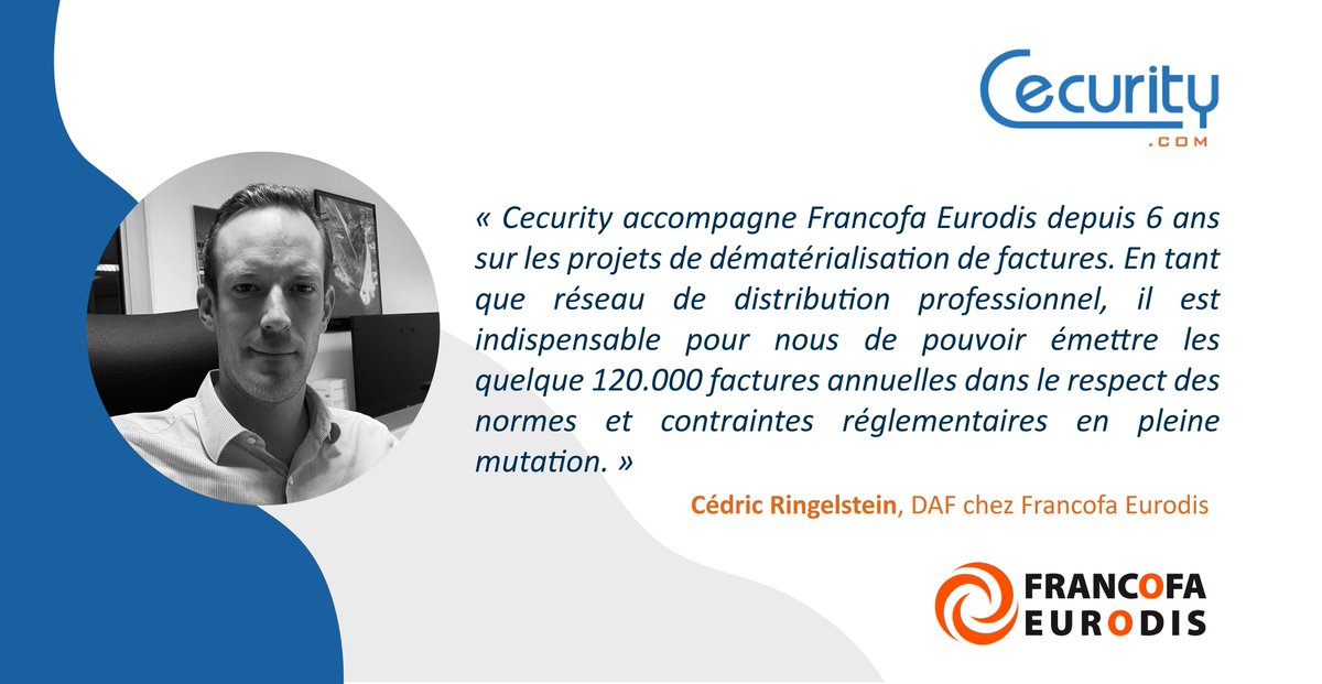 🚀 Qui mieux que nos clients pour parler de nous ?

Découvrez l'avis de Cédric Ringelstein DAF chez Francofa Eurodis sur notre offre eFacture. 
MERCI 💐

Vous souhaitez en savoir plus : buff.ly/3BplEqL 

#efacture #dematerialisation #facturelectronique  #einvoicing