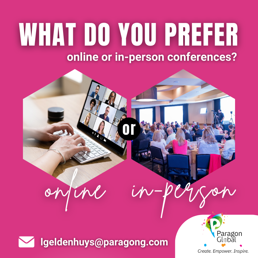 Online vs. In-person: The great conference showdown! Which one suits your networking style better? Share your thoughts below! Let’s explore the pros and cons together. 🌍👥 
✉️  lgeldenhuys@paragong.com

#ClientRelationships #Networking #BusinessGrowth #ConferenceEvent