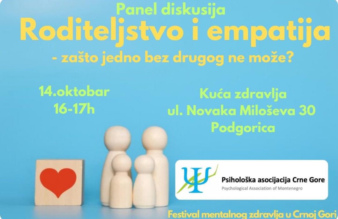 Povodom organizovanja prvog Festivala mentalnog zdravlja u Crnoj Gori, PACG vas poziva da zajedno prođemo kroz interesantnu panel diskusiju:
RODITELJSTVO & EMPATIJA- zašto jedno bez drugog ne može? 

Pridružite nam se na ovoj inspirativnoj panel diskusiji!