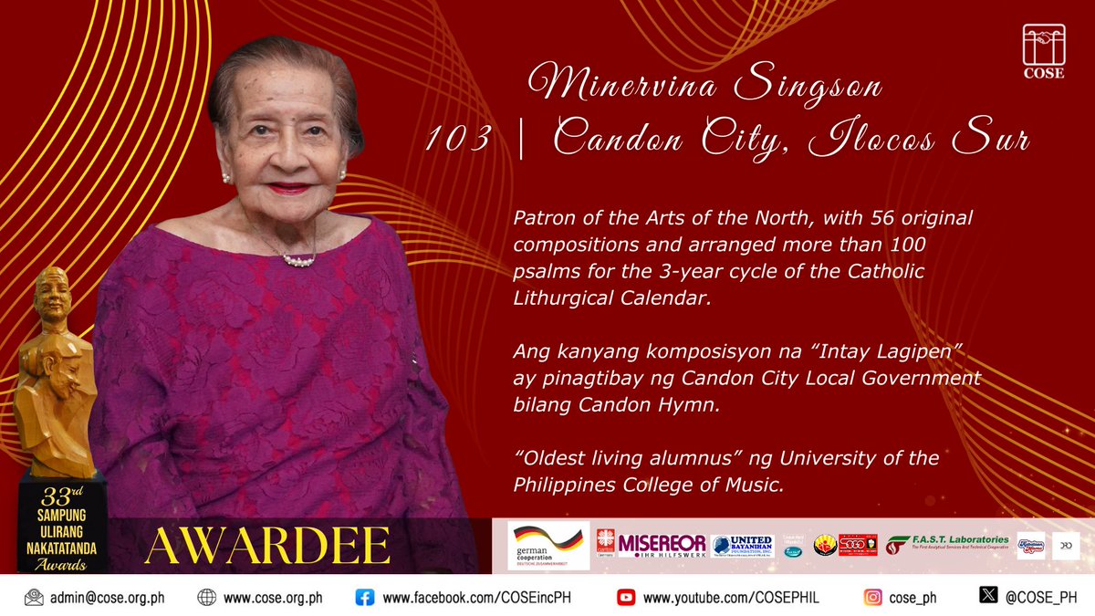 Kilalanin natin si Gng. Minervina Singson, isa sa 2023 Sampung Ulirang Nakatatanda Awardees.

Pasasalamat, pagpupugay at pagkilala kay Nanay Minervina at sa lahat ng 2023 SUN Awardees!
#SampungUlirangNakatatandaAwards2023
#COSEisProOlderPersons