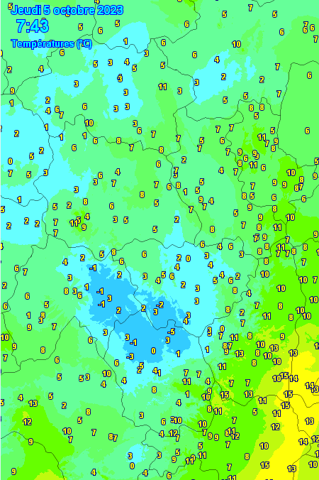 FabienJubertie's tweet photo. Premières gelées notables dans le Massif central (5/10 à 7h). -1° à Coltines et aux Ternes (15) ; -3° au Buisson (48) et -4°8 à Grandrieu. A noter, la belle inversion thermique puisqu'au même moment on observe +10,9° à Chastreix (63, 1385m) et + 7,5° aux Estables (43, 1350m). https://t.co/A0xlJcz8D3