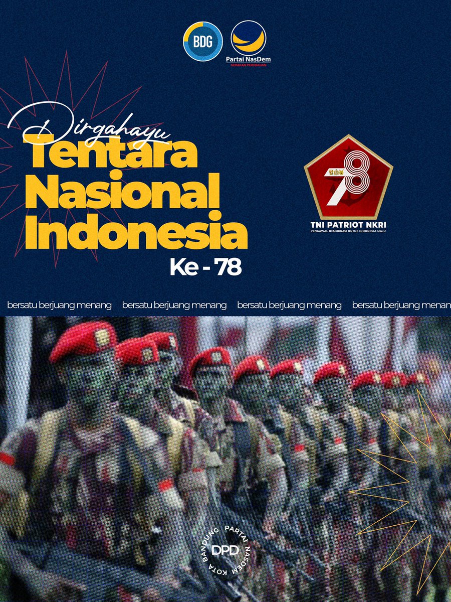Dirgahayu TNI ke - 78

TNI Patriot NKRI: Pengawal Demokrasi untuk Indonesia Maju
.
#PartaiNasDem #GerakanPerubahan #NasDemSayangKamu #BersatuBerjuangMenang #NasDemBDG #dirgahayutni78🇮🇩