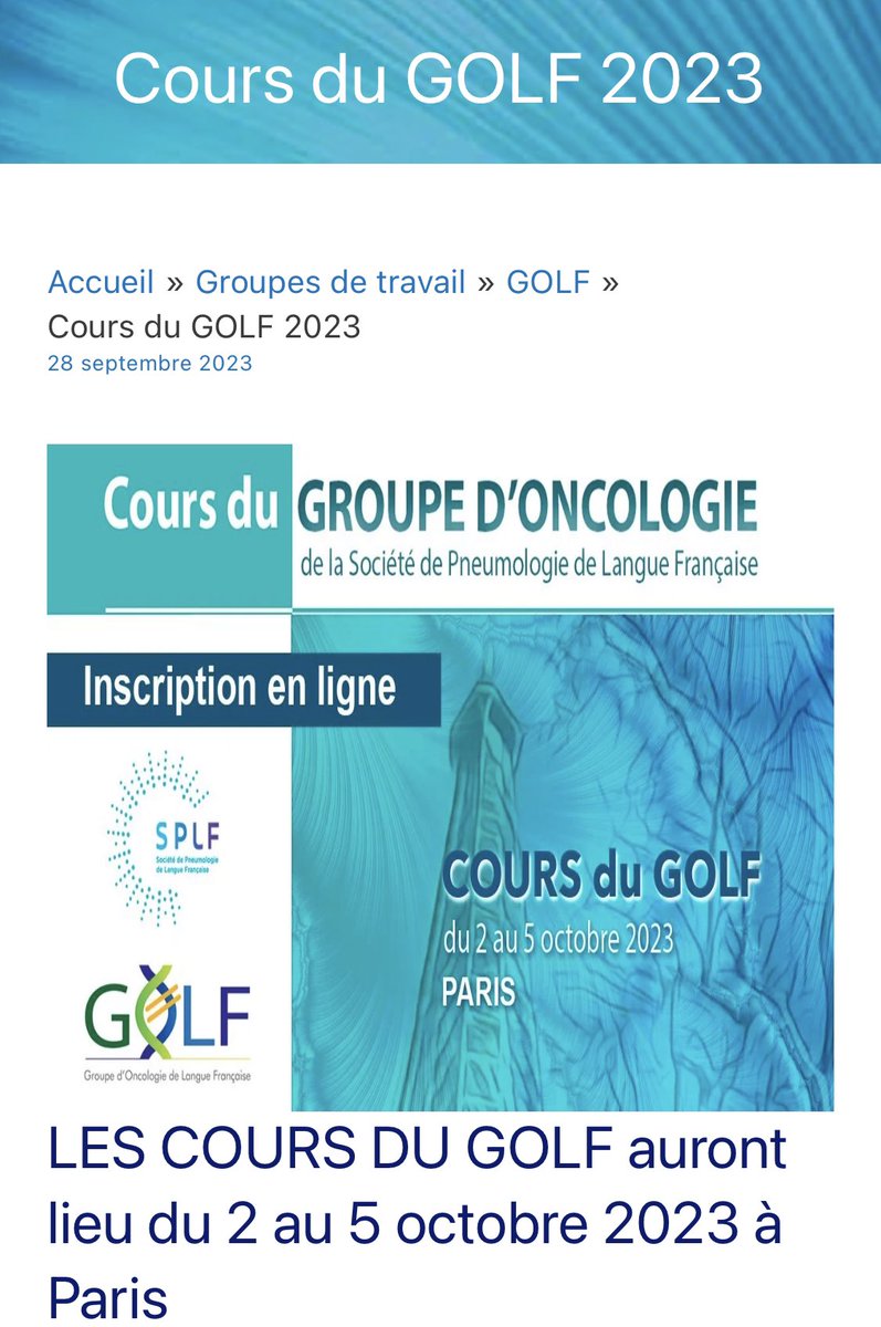 CadranelJ's tweet photo. Dernière journée des Cours du GOLF à Paris @SPLF_SocPneumo 
Une grande réussite 450 oncologues thoraciques en formation sur 4 j. Une remise à niveau, un document de synthèse 400p online. @MarieWislez @nicogirardcurie @dplanchard @gzalcman #cchouaid #egiroudleprieur #bduchemann https://t.co/KoyIvhKTVw