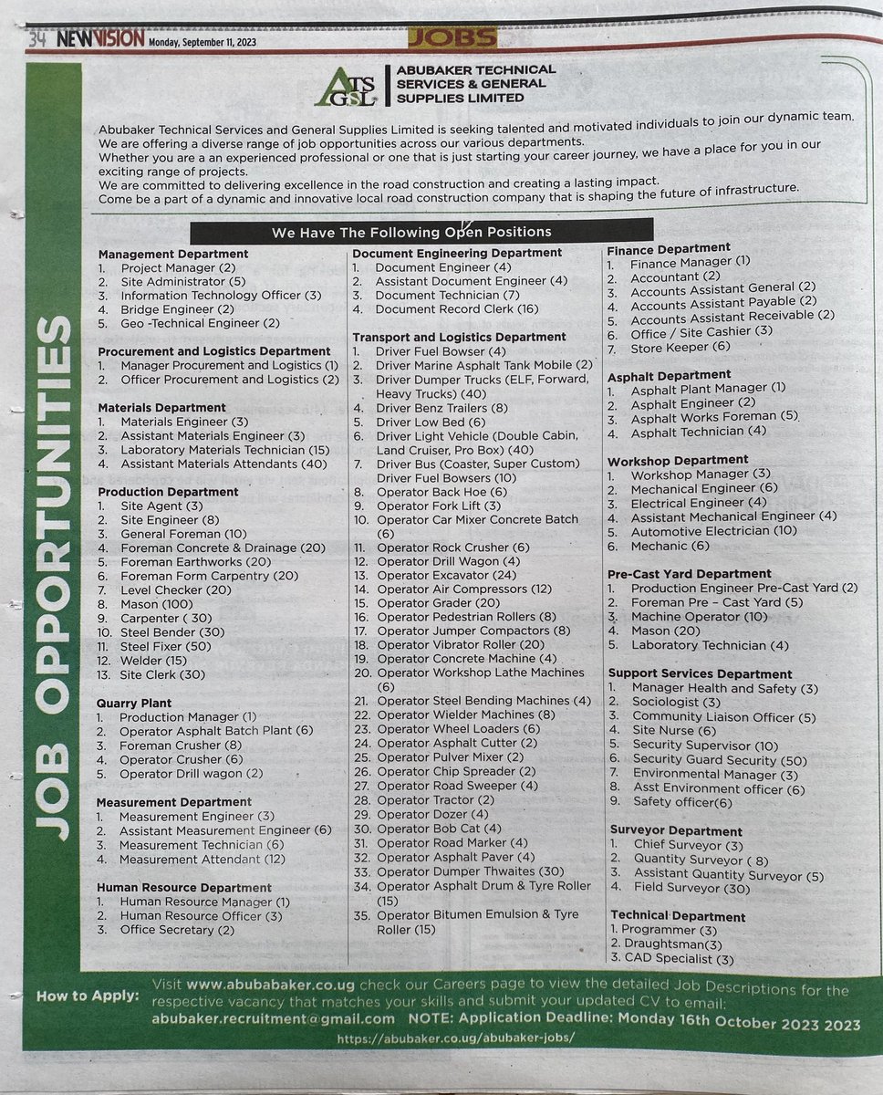 JobNoticeUG's tweet image. Applications for these Very many jobs at Abubaker Technical Services are still ongoing till Monday 16th Oct.

KINDLY RETWEET FOR A FRIEND