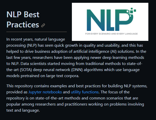 DanKornas's tweet image. 👉 NLP Best Practices

This repository contains examples and best practices for building NLP systems, provided as Jupyter notebooks and utility functions. 

🔗 github.com/microsoft/nlp-…