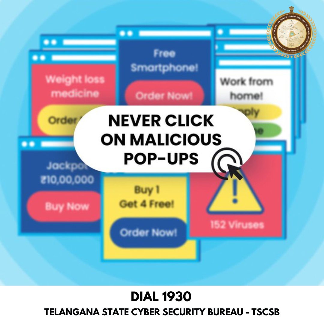 TGCyberBureau's tweet photo. Beware of #Dubious_links.
Never click on malicious #POP_UPS
#Dial1930 to report online financial fraud and file complaint for any #cybercrime at https://t.co/KyapVugiTW
#cybercrimeawareness #Fake_links #TSCSB. https://t.co/O88FyQzT3B