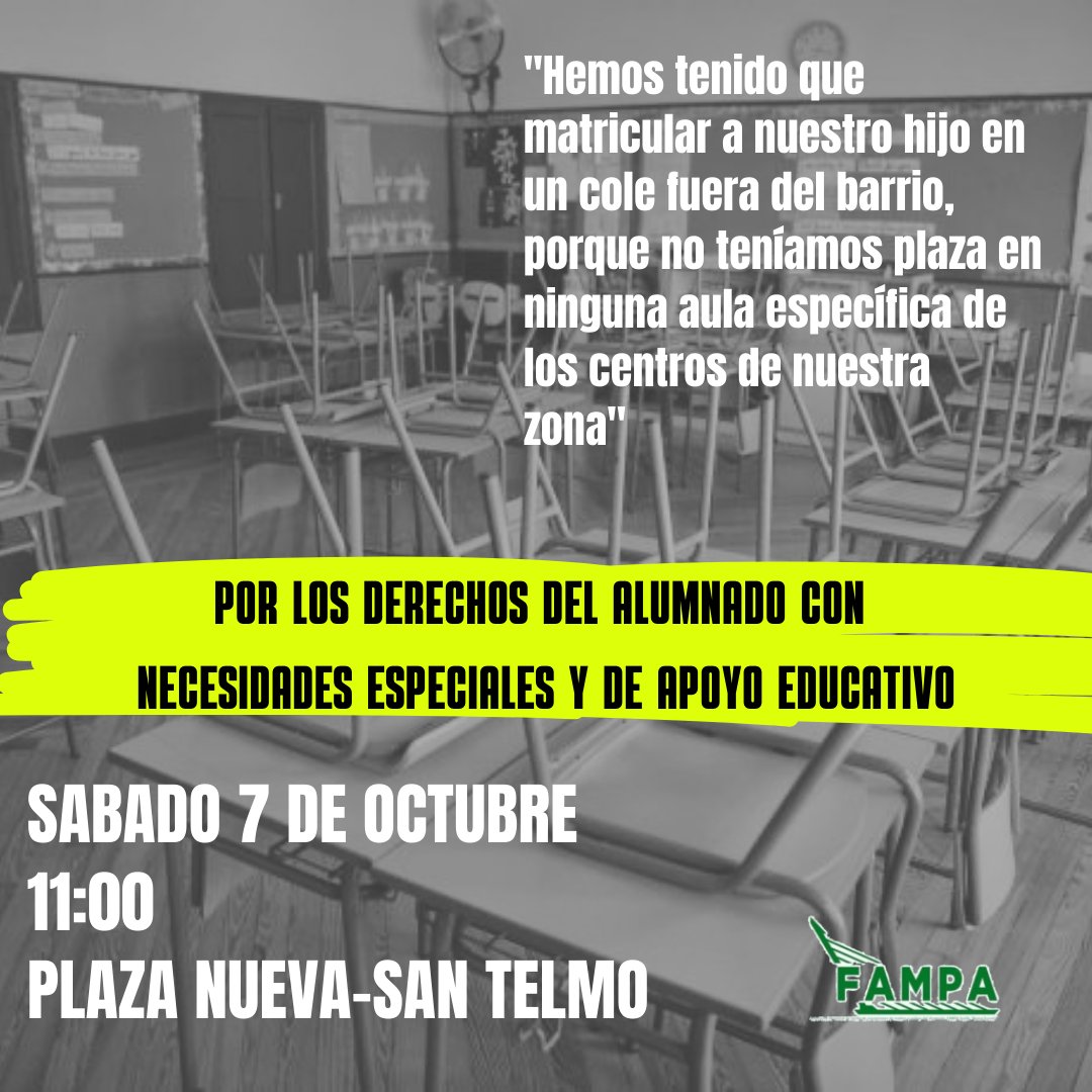 No vamos a tolerar el abandono sistemático del alumnado #ACNEAE dentro de nuestro sistema educativo

S̲á̲b̲a̲d̲o̲ 7̲ d̲e̲ o̲c̲t̲u̲b̲r̲e̲

✊💚💙In̲v̲a̲d̲i̲m̲o̲s̲ l̲a̲s̲ c̲a̲l̲l̲e̲s̲ x los derechos del alumnado con necesidades especiales y de apoyo educativo 
#QuieroIrAClaseComoTú