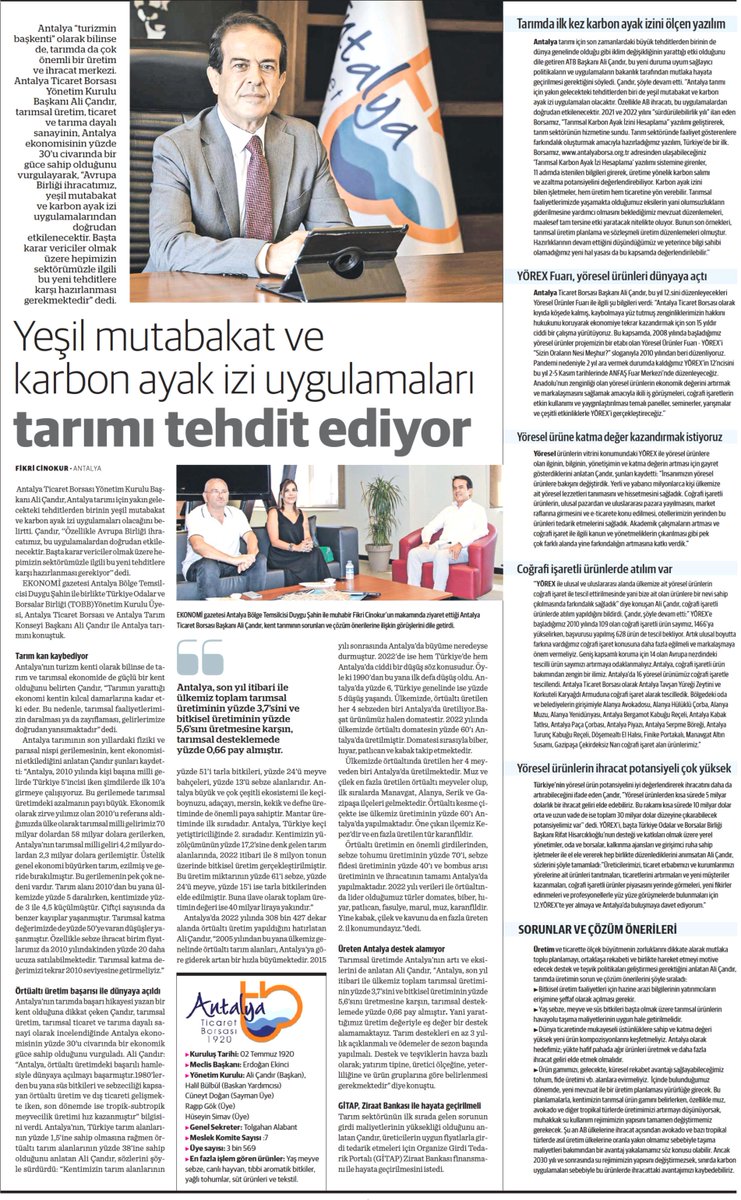 Ekonomi Gazetesi -Tarım Gazetesi 
ATB Başkanı Ali Çandır: Tarımda karbon ayak izini ölçen yazılım yaptık