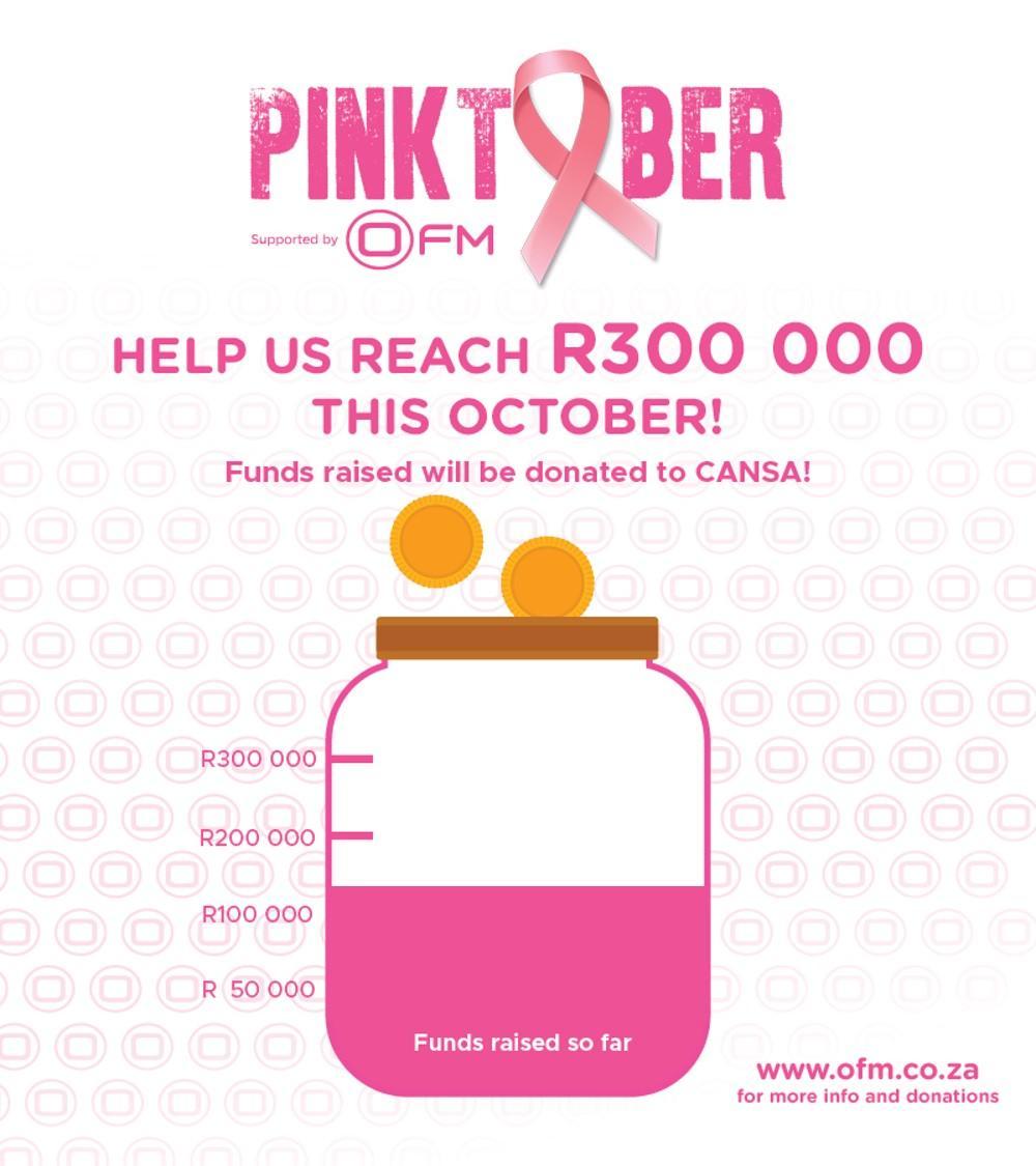 #ThankYou Central South Africa - R134 000 in the bank so far for #PinkTober! See how you can get involved this #BreastCancerAwareness month: bit.ly/OFMPinktober. All proceeds go to CANSA The Cancer Association of South Africa.