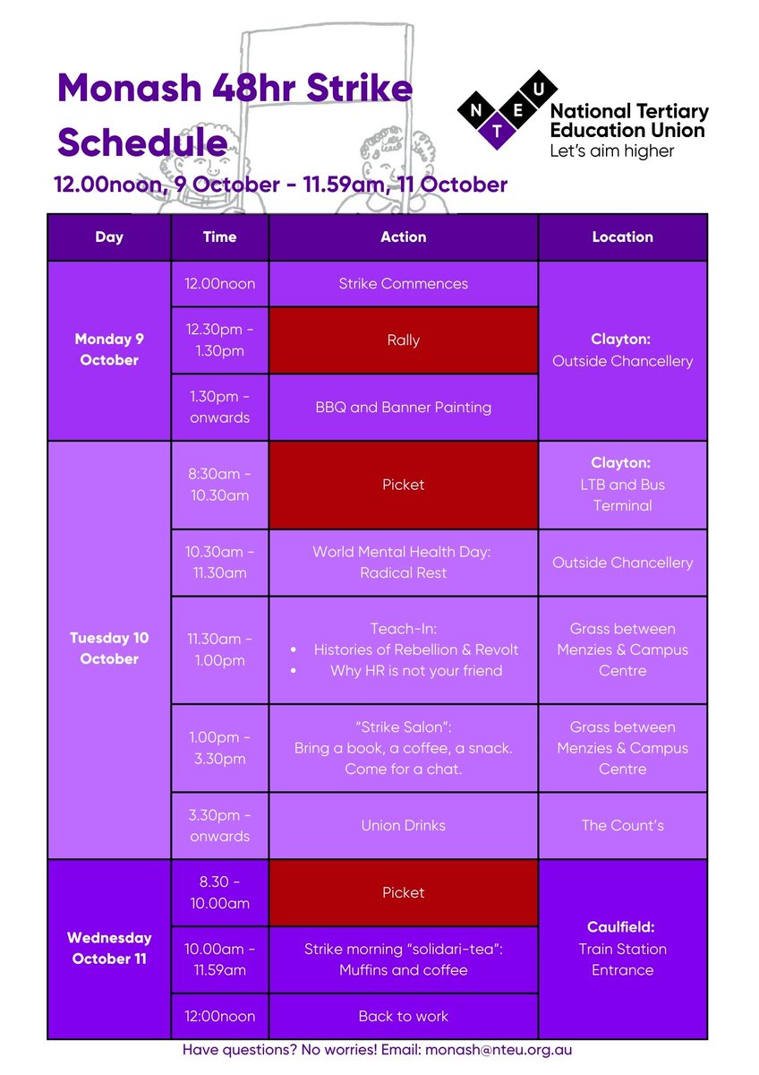 NTEUMonash's tweet photo. 4 days until NTEU Monash members take 48hrs of strike action, starting midday on Monday 9 October and ending 11.59am on Wednesday 11 October!!

We've got a packed agenda of actions over the 3 days so read on for our full strike schedule 💜
#monashstrikes 
#betterunis https://t.co/N2UO0sAvex