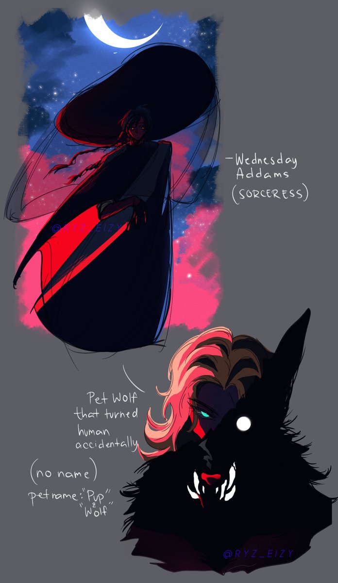 what if! Sorceress (Immortal kinda?) Wednesday accidentally turned her wolf companion into a human? 

The wolf then came to be the first werewolf ever recorded 

#wenclair #wenclairfanart