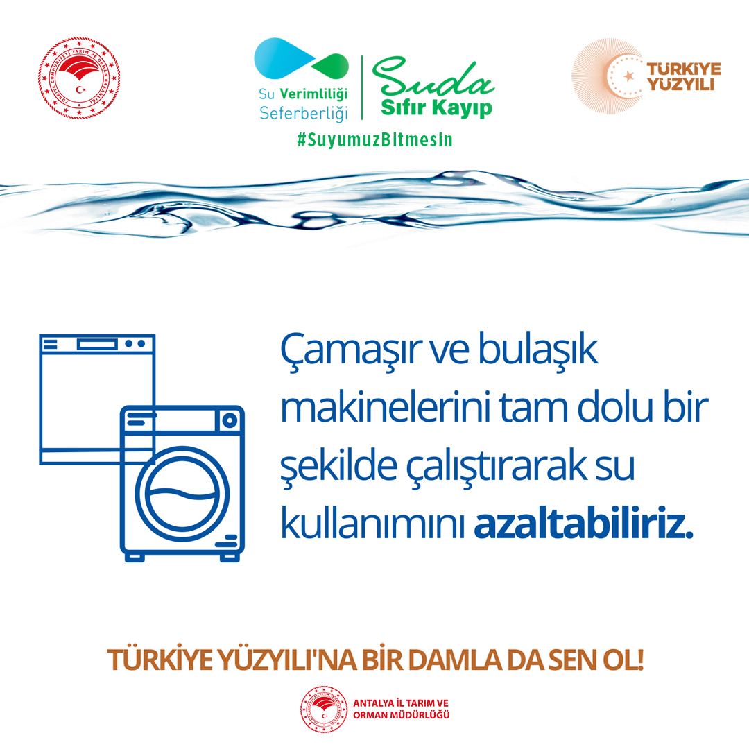 #SuVerimliliğiSeferberliği 

Suyu verimli kullanalım, Türkiye Yüzyılı’na bir damla da biz olalım. 

#SudaSıfırKayıp 

#GelecekTarımda 
#TarımAntalyada 

#SuyumuzBitmesin

<a href="/AfireSever/">Afire Sever</a> <a href="/SuYonetimi/">Su Yönetimi Genel Müdürlüğü</a>
<a href="/bekirgizligider/">Ebubekir GİZLİGİDER</a> <a href="/FratErkal/">Fırat Erkal</a>
<a href="/ibrahimyumakli/">İbrahim Yumaklı</a> <a href="/EmineErdogan/">Emine Erdoğan</a>