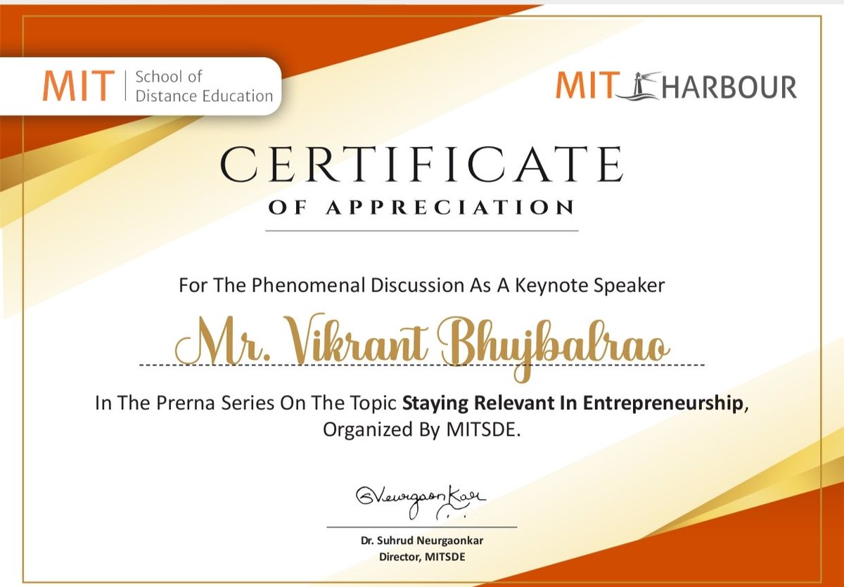 vikrantbrao's tweet photo. Thanks MIT Harbour for the opportunity to share my experience! 

It's always a privilege, to be invited as keynote speaker, chief guest, judge &amp; trainer at different engineering, MBA institutes, startup forums &amp; panel discussions. 

#vikrantbhujbalrao
#vikrantbhujbalraoinvited https://t.co/Yt1S66Ydhi