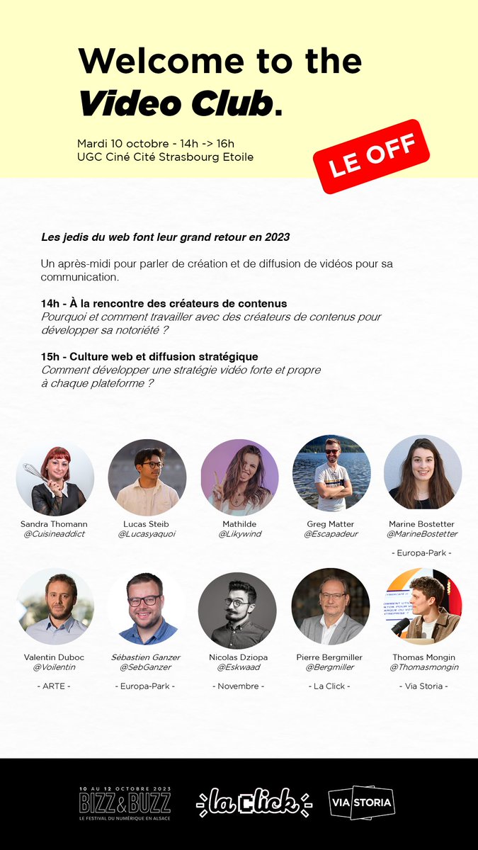 Pour @BzBAlsace avec <a href="/ThomasMongin/">Thomas Mongin</a> nous préparons un Vidéo Club pour évoquer 2 sujets avec nos invités :
1⃣Travailler avec les créateurs de contenus
2⃣Développer une stratégie #vidéo pertinente
🗓️Mardi 10/10 14h-16h UGC #Strasbourg
✍️Inscription gratuite tinyurl.com/vfkp8ytp