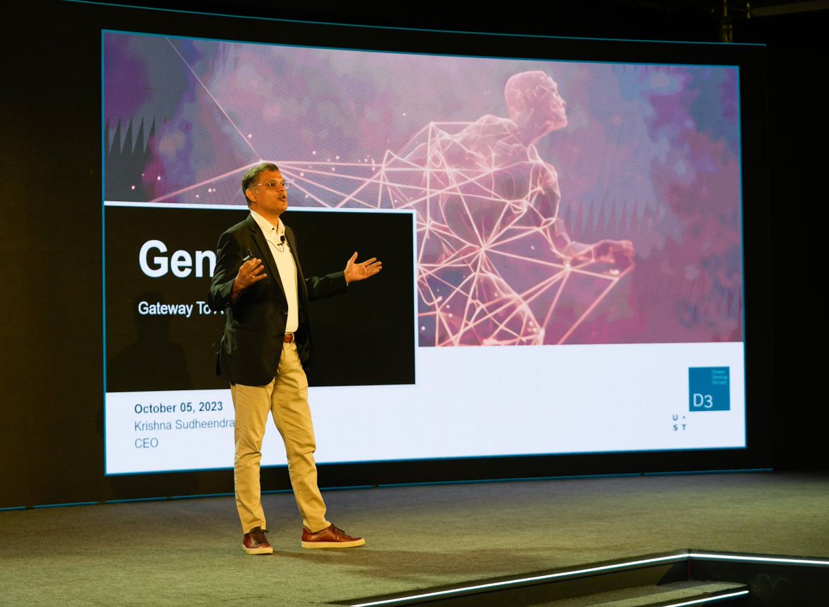 USTglobal's tweet photo. “No industry is going to be left untouched by #genAI. It’s not just about cool tech; it’s about responsibility. We look at this holistically while transforming lives.”
UST CEO Krishna Sudheendra and UST COO Manu Gopinath just kicked off this year’s #USTd3. #AI (1/2) https://t.co/hEOOtyc8rj