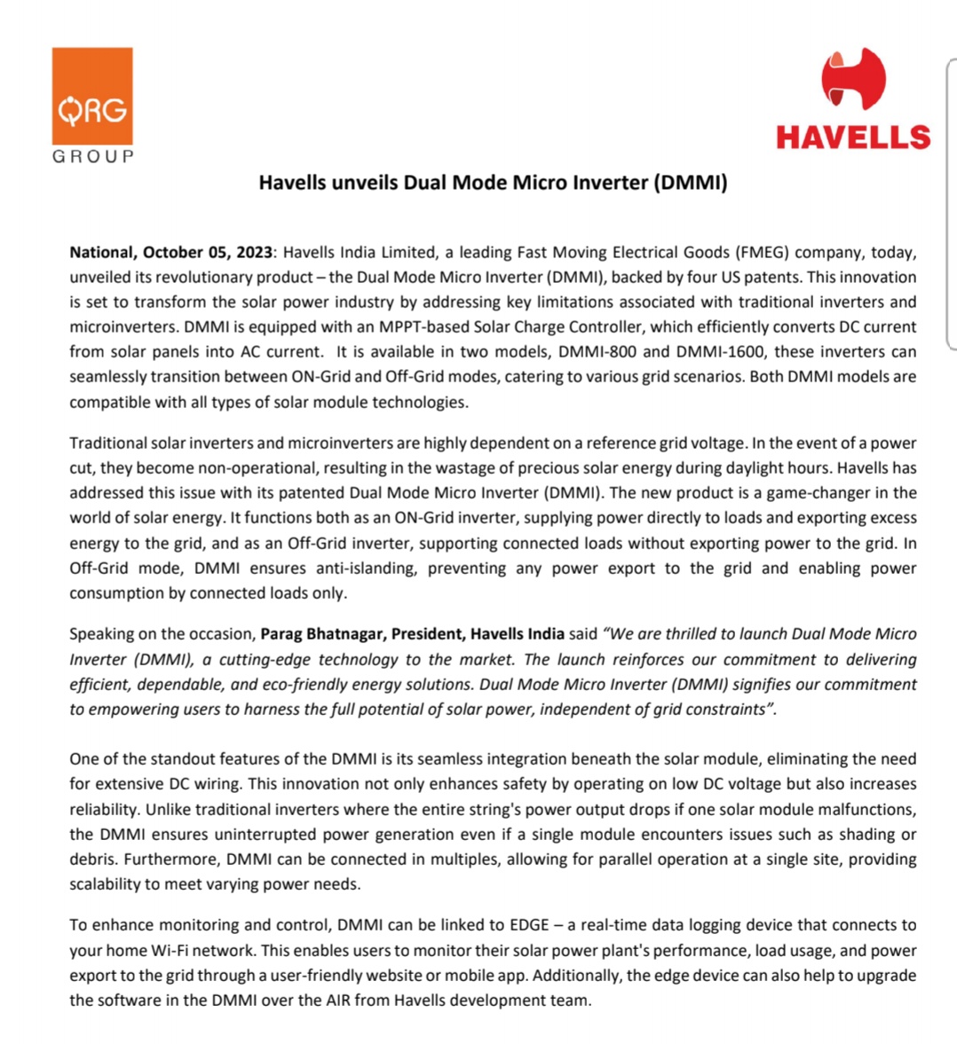 Havells unveils Dual Mode Micro Inverter (DMMI).

#Havells #unveils #DualMode #Micro #Inverter #DMMI