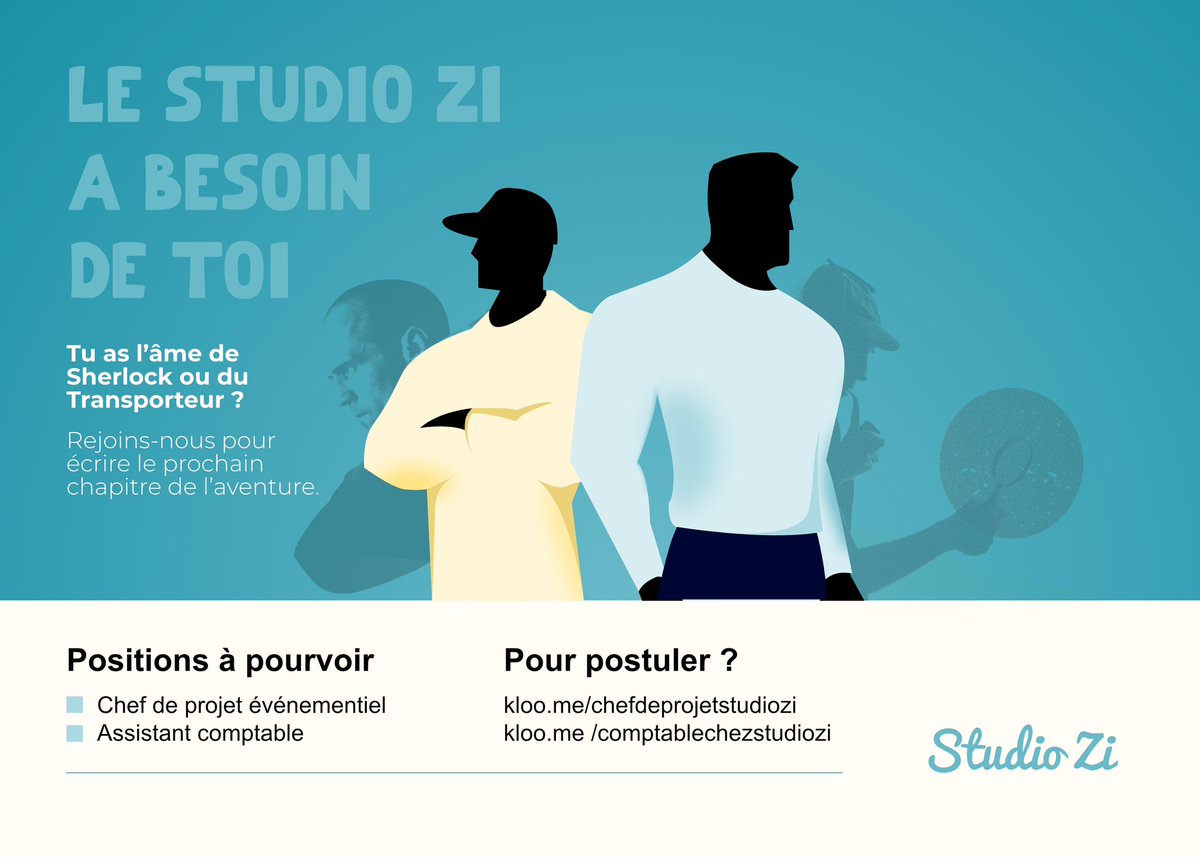 Tu as l’âme de Sherlock ou du Transporteur ? 🕵🏿‍♂️🕵🏾‍♀️

Le Studio Zi a besoin de toi.
Nous recrutons à Cotonou, Bénin : 

- 01 Chef Projet Événementiel : kloo.me/chefprojetstud…
- 01 Assistant Comptable : kloo.me/comptablechezs…

#jobalert #wasexo