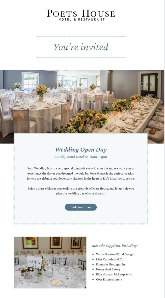 Wedding Open Day
Sunday 22nd October, 11am - 3pm
Your Wedding Day is a very special
Enjoy a glass of fizz as you explore the grounds of Poets House, and let us help you plan the wedding day of your dreams.#weddings
