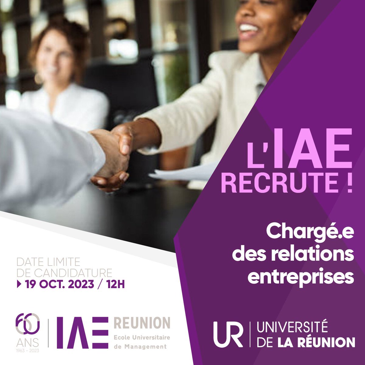 🤝 L’IAE Réunion recrute un(e) Chargé(e) Relations Entreprises
Fiche de poste sur eu1.hubs.ly/H05Czkm0
Pour postuler, envoyez votre CV et lettre de motivation sur iae.direction@univ-reunion.fr et recrutement-biatss@univ-reunion.fr
Date limite : 19 octobre 2023 à 12h00