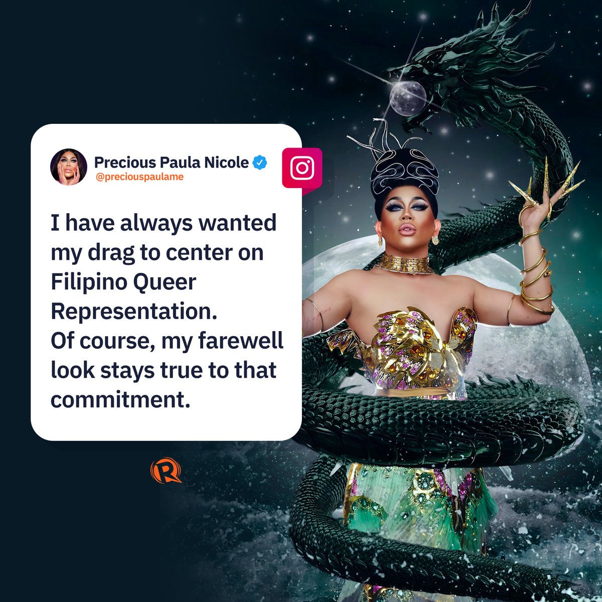 rapplerdotcom's tweet image. “Drag Race Philippines” season 1 winner Precious Paula Nicole shared her final look as reigning queen inspired by the Bakunawa, a serpent-like dragon figure in Philippine mythology. #DragRacePH trib.al/YPvK3MK