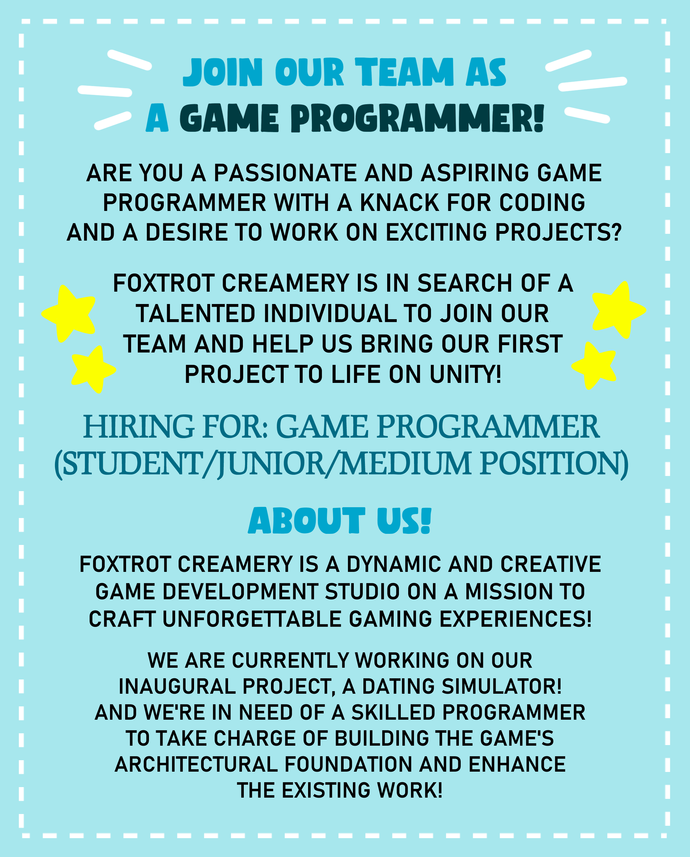 Foxtrot Creamery on X: FOXTROT CREAMERY IS LOOKING FOR PROGRAMMERS ‼️  please help spread the word! all applications should be sent to:  foxtrotcreamery@gmail.com come and join our growing team of passionate game