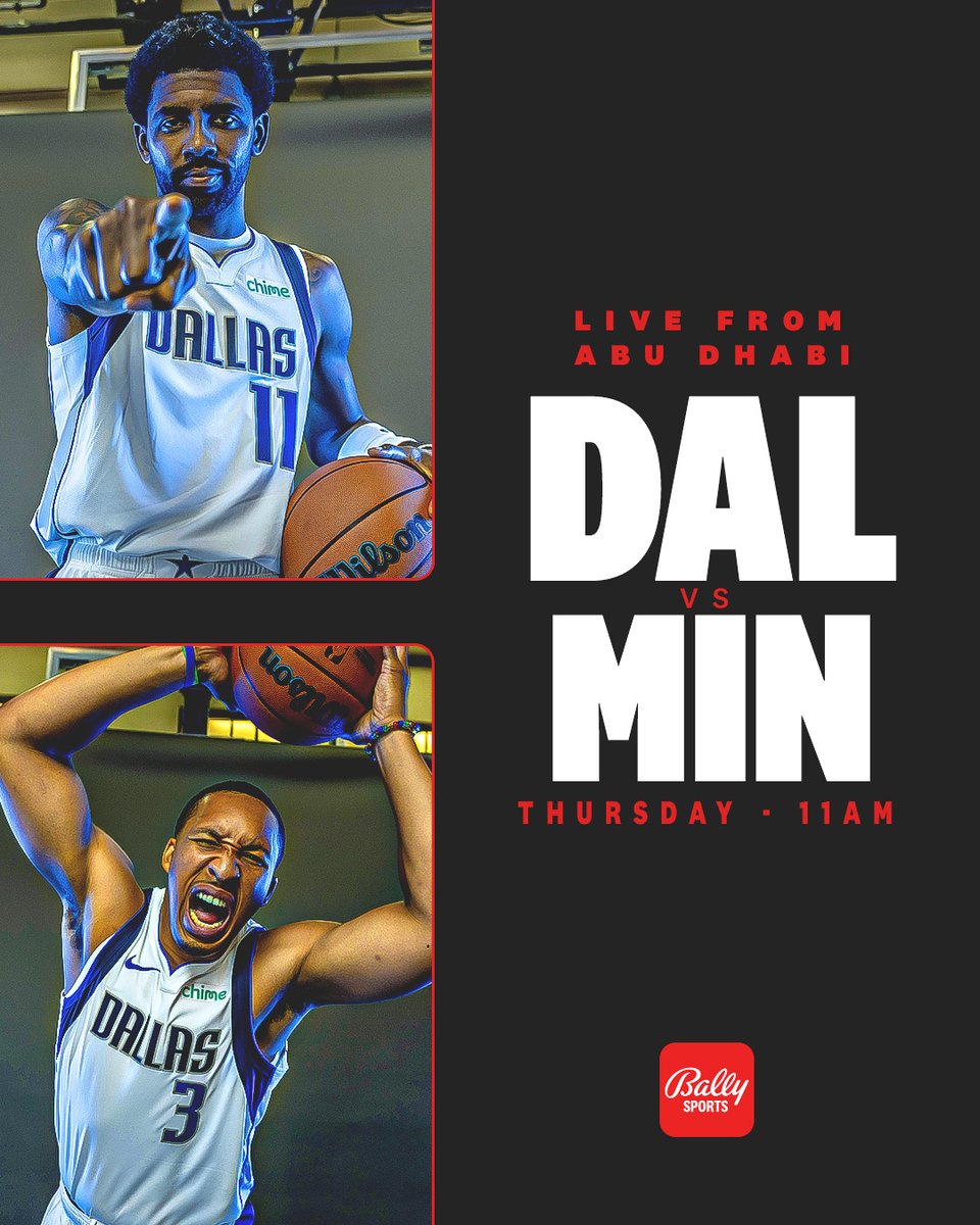 Mavericks basketball is BACK 

Dallas vs Minnesota - Live From Abu Dhabi

11:00am Thursday on Bally Sports Southwest and the Bally Sports app 

<a href="/dallasmavs/">Dallas Mavericks</a> | #MFFL | @BallySports