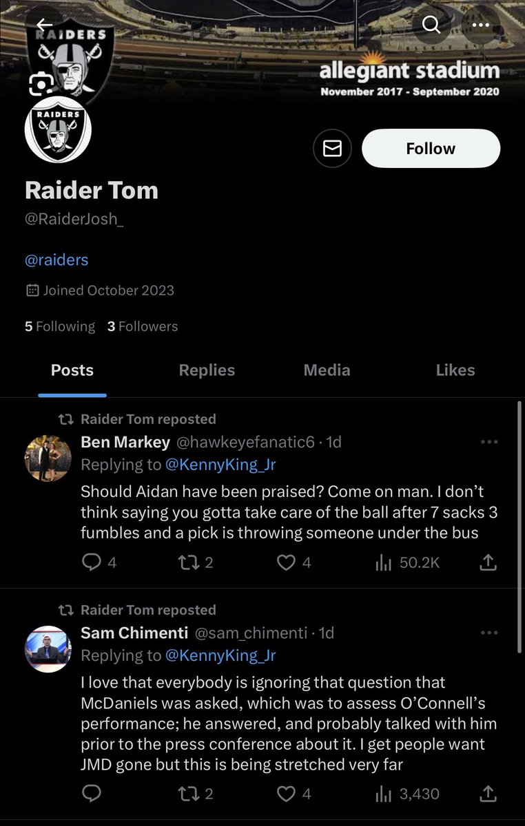 RaiderCody's tweet photo. Oooooh surely we don’t have a Josh McDaniels burner under @RaiderJosh_, do we? His handle is just as original and creative as his play calling..

Saw @KuhnTristen point it out and I can’t disagree. https://t.co/Kg04DKgB7E