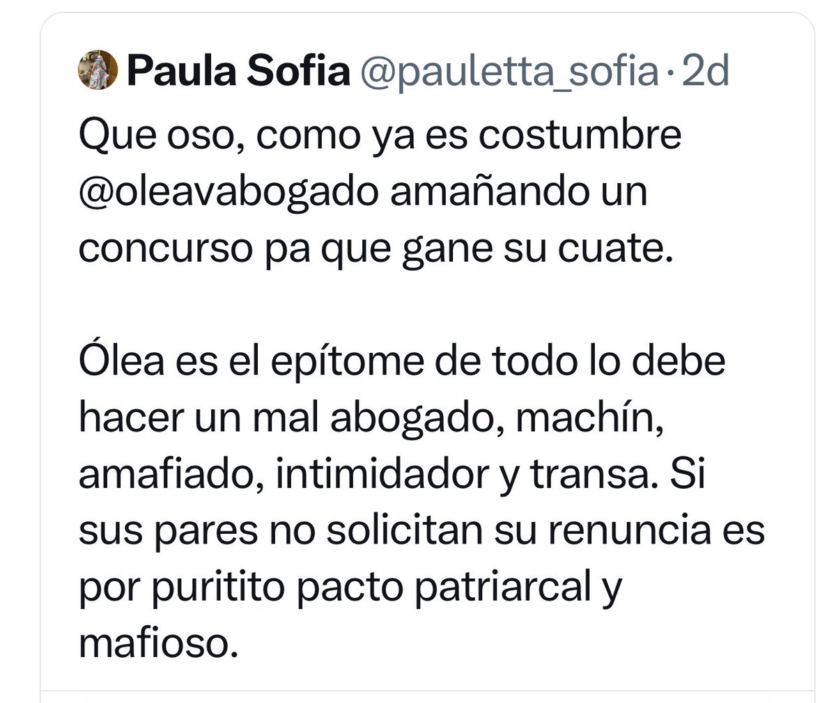 Considero que <a href="/oleavabogado/">Víctor Oléa</a> ha desempeñado un excelente papel al frente de la <a href="/BMA_Abogados/">Barra Mexicana, Colegio de Abogados A.C.</a> . Mis observaciones al mecanismo para otorgar el Premio Nacional de Jurisprudencia -como lo digo en la carta que circula sin mi autorización- sólo señalan una área de oportunidad. Punto.