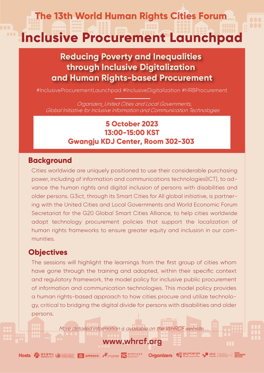 Federico Batista Poitier (@poitierbatista) on Twitter photo Today at 13h KST at the <a href="/GwangjuWHRCF/">WHRCF 세계인권도시포럼</a> we share learnings from the first pilots of the Inclusive Procurement Launchpad program, a model to ensure #HumanRights are respected & towards #Cities4All ! #Listen2Cities
👇🦾🦮
whrcf.org/theme/basic/wh… Today at 13h KST at the <a href="/GwangjuWHRCF/">WHRCF 세계인권도시포럼</a> we share learnings from the first pilots of the Inclusive Procurement Launchpad program, a model to ensure #HumanRights are respected & towards #Cities4All ! #Listen2Cities
👇🦾🦮
whrcf.org/theme/basic/wh…