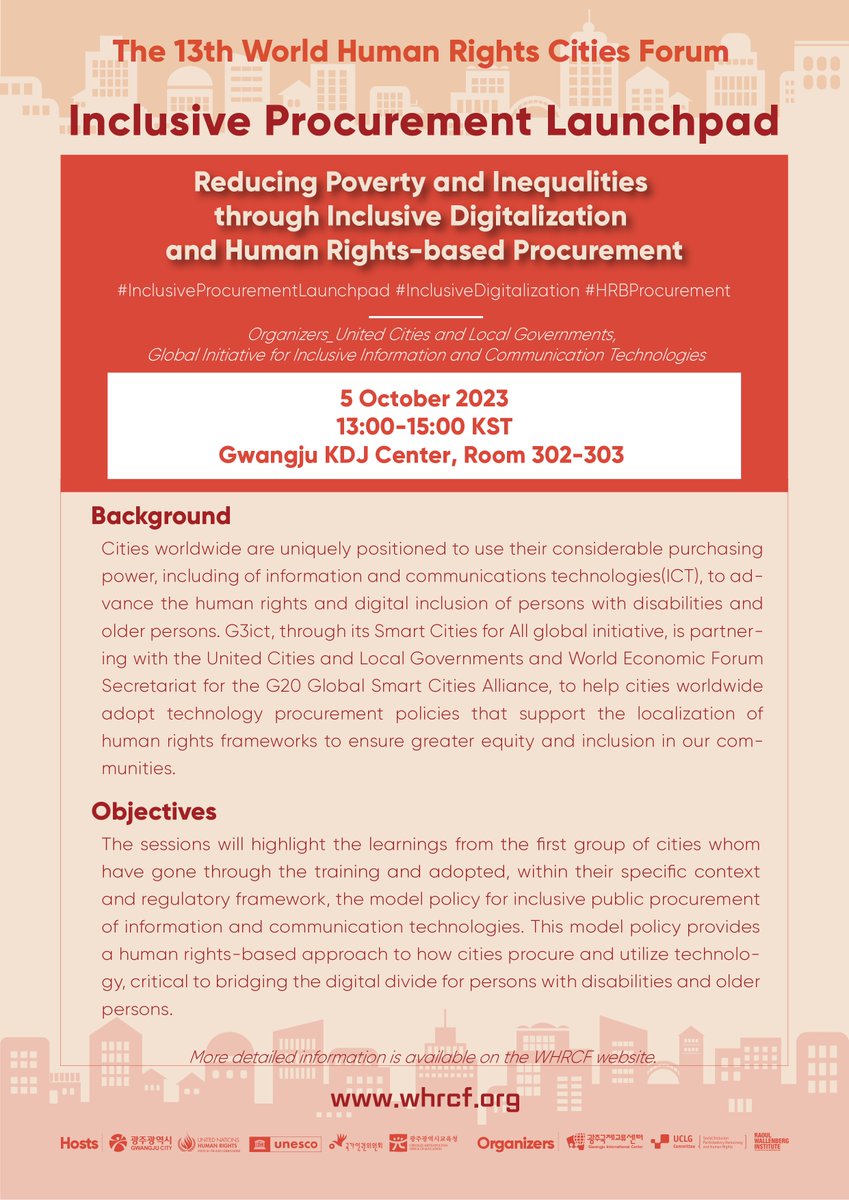 Today at 13h KST at the @GwangjuWHRCF we share learnings from the first pilots of the Inclusive Procurement Launchpad program, a model to ensure #HumanRights are respected & towards #Cities4All ! #Listen2Cities 👇🦾🦮 whrcf.org/theme/basic/wh…