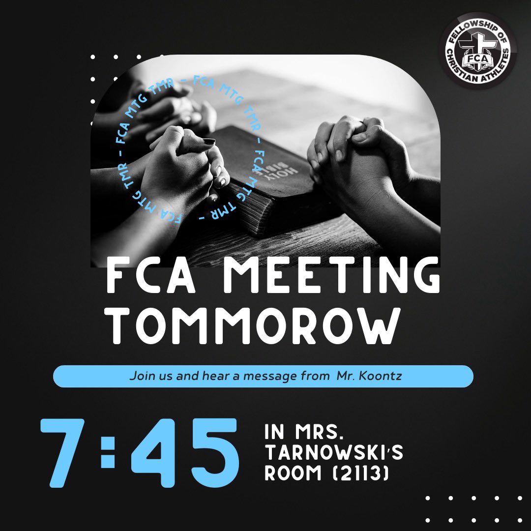 DON’T MISS OUT!! Mr. Koontz will be speaking at large group meeting. Can’t wait to see y’all there at 7:45 in Mrs. T’s tomorrow!

ALSO you don’t miss out on Fields of Faith this Sunday!
#feildsoffaith2023 #feildsoffaith #fca