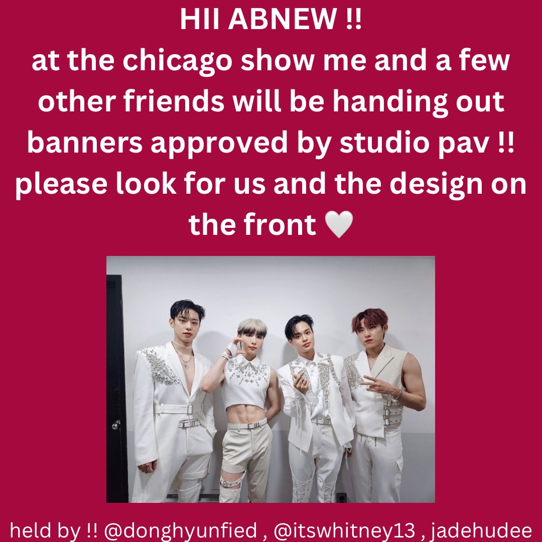 xo_mashu's tweet photo. AB6IX CHICAGO SHOW !! 

me and a few other abnews will be handing out banners in line approved by studio pav !!! pls make sure you look out for us and continue to support our boys 🤍

#ab6ixworldtour #ab6ixchicago #ab6ixtour #ab6ixthefuture #ab6ix #kpopcupsleeve #cupsleeveevent https://t.co/wGztqnRjkS