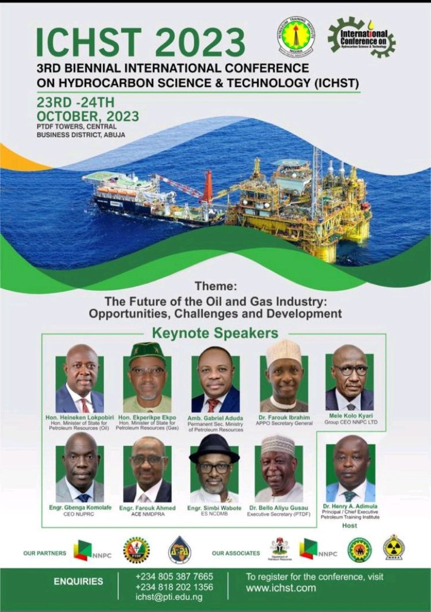 mfonky1's tweet photo. Please register at https://t.co/oZ3lMKrVCN and join us @PTINigeria for the 3rd Biennial International Confetence on Hydrocarbon Science &amp; Technology.
#oilandgas
#EnergyEfficiency 
#EnergyTransition 
#NetZero https://t.co/zygCr8Bi7h