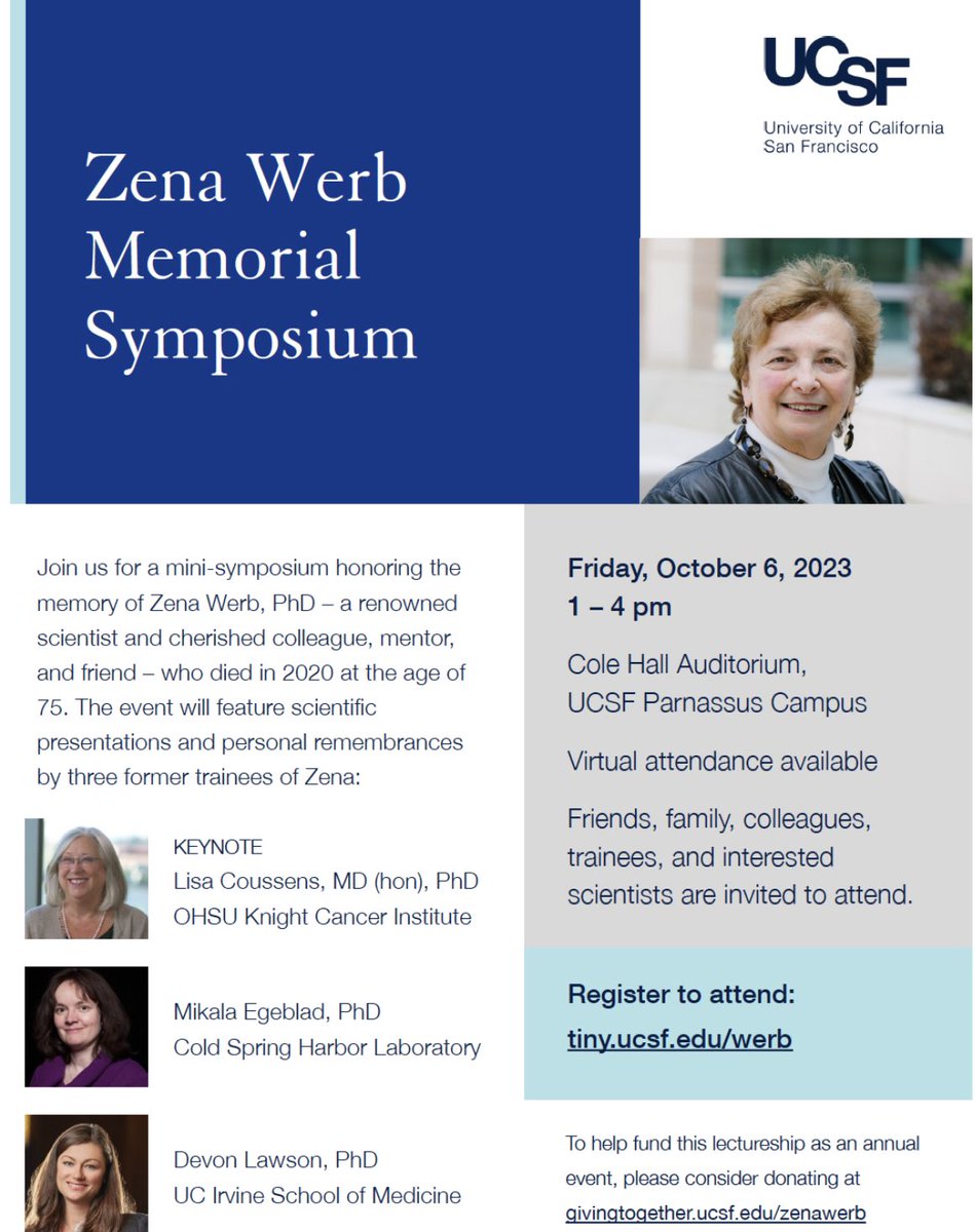Looking forward to honoring my former mentor Zena Werb at the Memorial symposium at UCSF this Friday 10/6. Join us in person or remote, register at tiny.ucsf.edu/werb ❤️