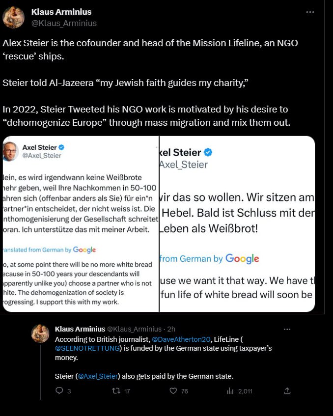 MrDWindsorAndMe's tweet photo. ATTN: Turns out the NGO collecting thousands of African invaders/migrants, dropping them off in Italy, then bussing them up to #Germany is run by #Steier who intentionally wants to dehomogenize/Germany

His NGO is financed by German Gov paid for by German tax payers
@Axel_Steier https://t.co/XX161Ya62R