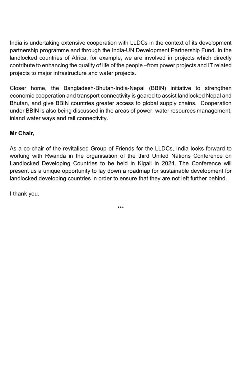 India has a long standing development partnership with LDCs and LLDCs, who have been at the core of India’s engagement with the #GlobalSouth, including during India’s @g20org Presidency. Delivered a statements today in the #UNGA78 Second Committee on precisely this subject. 
Read