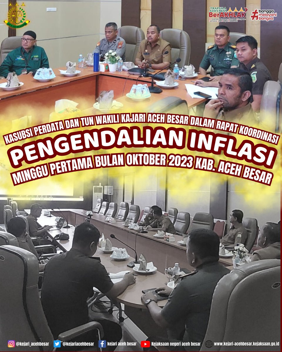 kejariacehbesar's tweet photo. Kepala Kejaksaan Negeri Aceh Besar diwakili Kasubsi Perdata dan TUN menghadiri Rapat Koordinasi Pengendalian Inflasi minggu Pertama Bulan Oktober Tahun 2023

@KejaksaanRI
@kejati_aceh
#kejari_acehbesar
#ABES #Akuntabel #Berintegritas #Energik #solider https://t.co/rS9hMslgpk