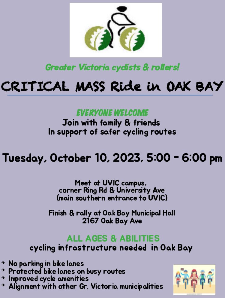 Coming up! Next critical mass bike ride to encourage @DistrictOakBay to catch up to the rest of the region on safe #biking infrastructure. @CriticalMassOB