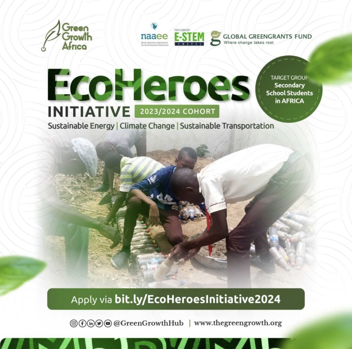 🌿 Join the EcoHeroes Initiative! 🌍 Are you a secondary school student in Africa passionate about the environment? Here's your chance!

📅 Deadline: 10/15/2023

Apply now: shorturl.at/iorsv

#GreenGrowthAfrica #climateaction #environmentalsustainability